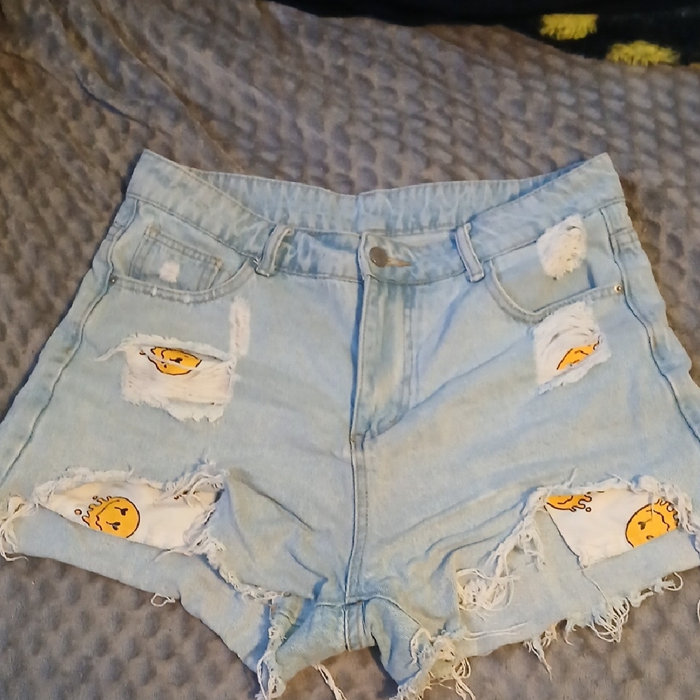 SHEIN Light Blue Distressed Jean Shorts with Emoji Patches